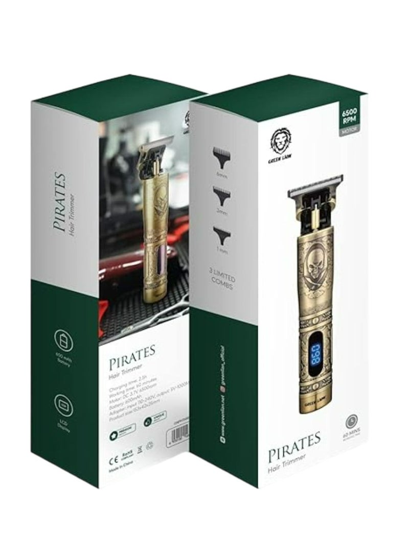 Pirates Hair Trimmer with 3 Clippers 600mAh, 6500RPM, LCD Display, 60minutes Working Time, Type-C Charging, Metal Body, Lightweight & Portable - Gold