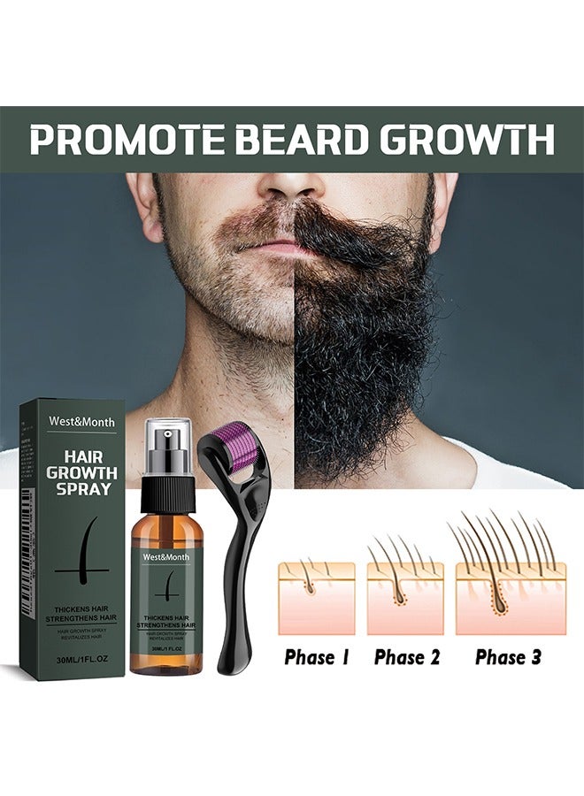 Hair Growth Spray - Beard Growth Spray Set for Men Nourishing Moisturizing Moustache Growth Enhancer Anti Hair Loss Care Serum with Beard Roller