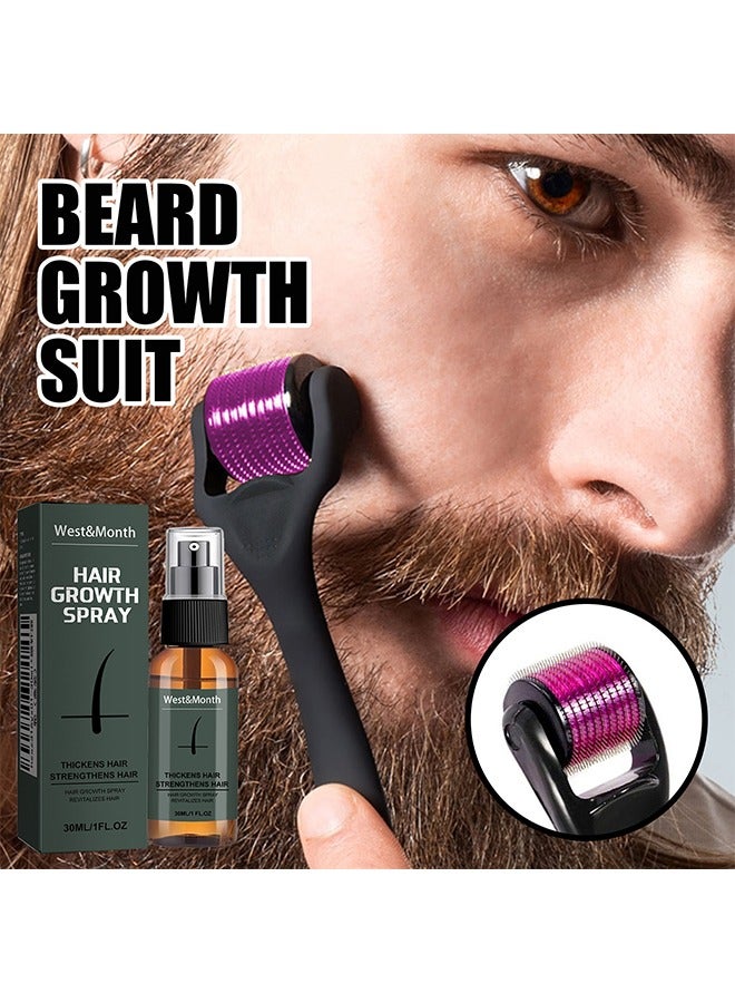 Hair Growth Spray - Beard Growth Spray Set for Men Nourishing Moisturizing Moustache Growth Enhancer Anti Hair Loss Care Serum with Beard Roller