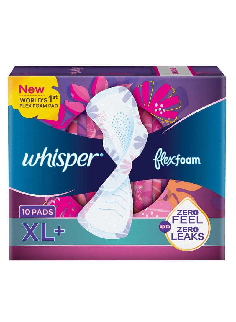 Whisper Flexfoam, 10 XL+ Sanitary Pads for Women, Upto Zero Feel Zero Leaks, World's 1st Flexfoam Pad, Upto 100% leak free, Seamlessly Conforms to your body