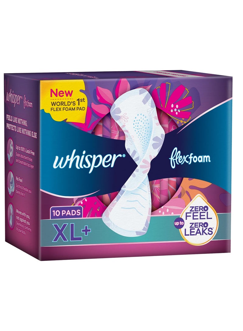 Whisper Flexfoam, 10 XL+ Sanitary Pads for Women, Upto Zero Feel Zero Leaks, World's 1st Flexfoam Pad, Upto 100% leak free, Seamlessly Conforms to your body