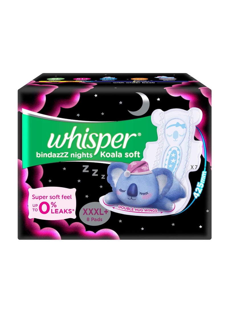 WHISPER BINDAZZZ NIGHTS KOALA SOFT SANITARY PADS, 8 XXXL+ PADS, UPTO 0% LEAKS, 85% LONGER & WIDER BACK, SUPER SOFT TOPSHEET, DOUBLE HUG WINGS, DISPOSABLE WRAPPER, for women