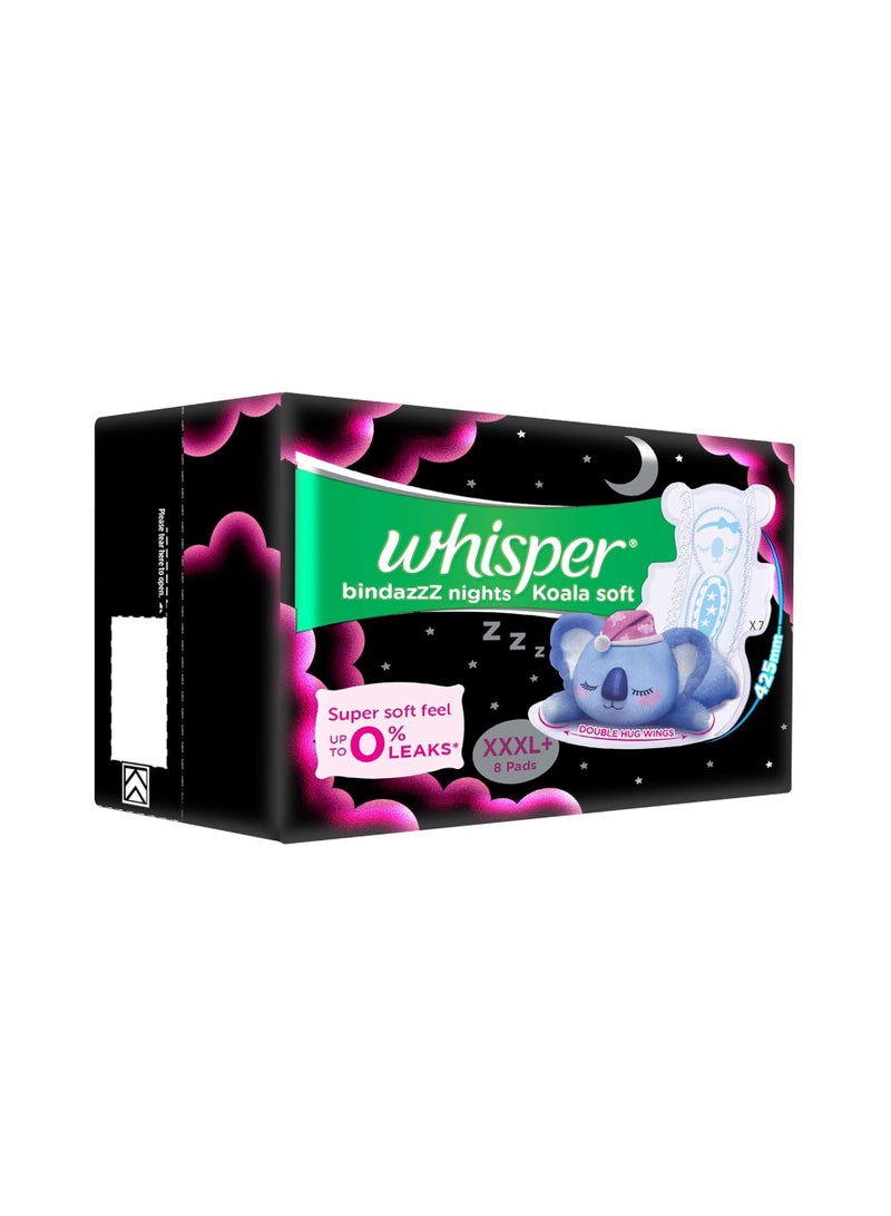 WHISPER BINDAZZZ NIGHTS KOALA SOFT SANITARY PADS, 8 XXXL+ PADS, UPTO 0% LEAKS, 85% LONGER & WIDER BACK, SUPER SOFT TOPSHEET, DOUBLE HUG WINGS, DISPOSABLE WRAPPER, for women