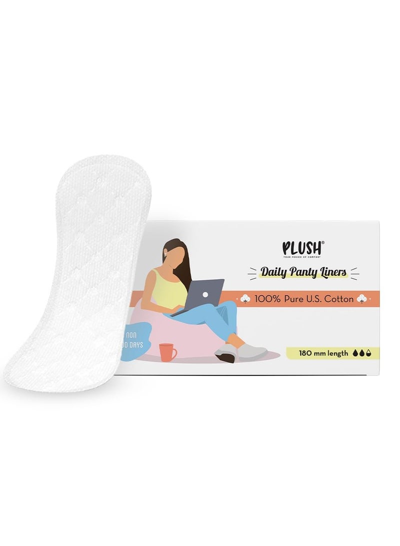 Plush Ultra Thin Large Panty Liners for Women Daily Use, 30 Liners | 2mm Thin, 180mm Long | Extra Coverage | Pure U.S. Cotton Liners for Sensitive Skin | Quad-Lock Design | No Toxins, No Parabens