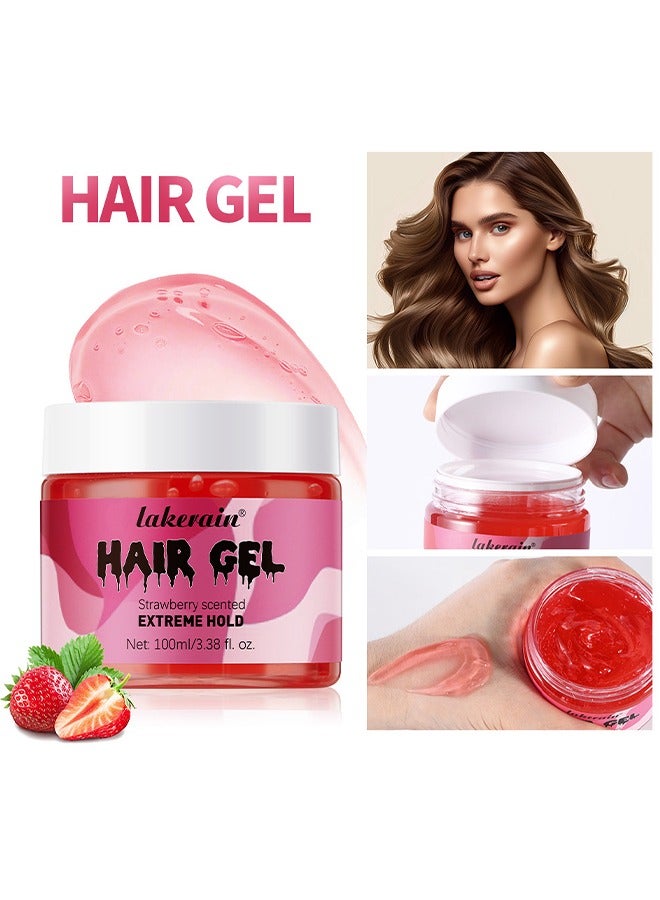 Hair Gel Strewberry Scented Extreme Hold, Hair Edge Control Curl Enhancement Strong Hold Hair Finishing Gel Moisturizing Refreshing Curling Styling Hair Gel 100ml