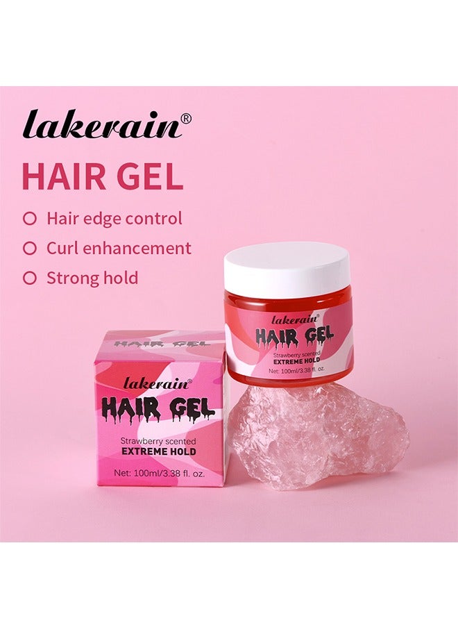 Hair Gel Strewberry Scented Extreme Hold, Hair Edge Control Curl Enhancement Strong Hold Hair Finishing Gel Moisturizing Refreshing Curling Styling Hair Gel 100ml