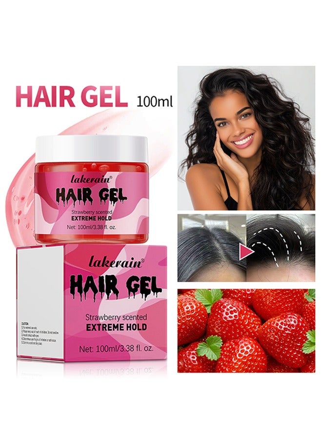 Hair Gel Strewberry Scented Extreme Hold, Hair Edge Control Curl Enhancement Strong Hold Hair Finishing Gel Moisturizing Refreshing Curling Styling Hair Gel 100ml