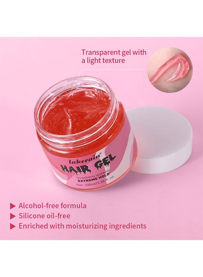 Hair Gel Strewberry Scented Extreme Hold, Hair Edge Control Curl Enhancement Strong Hold Hair Finishing Gel Moisturizing Refreshing Curling Styling Hair Gel 100ml