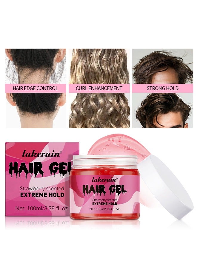 Hair Gel Strewberry Scented Extreme Hold, Hair Edge Control Curl Enhancement Strong Hold Hair Finishing Gel Moisturizing Refreshing Curling Styling Hair Gel 100ml