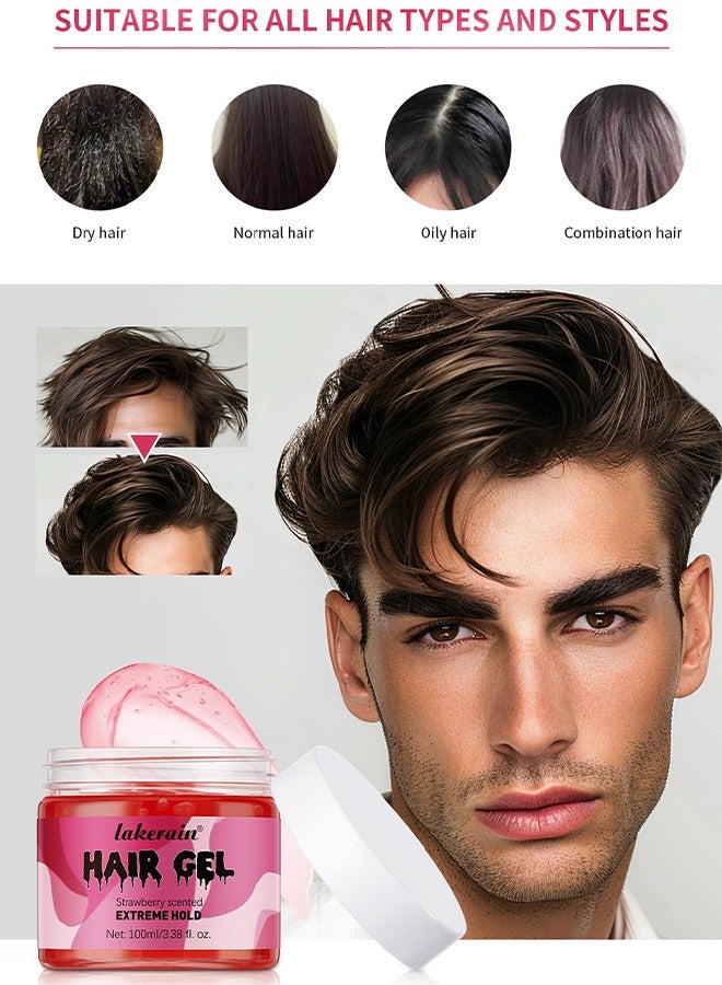 Hair Gel Strewberry Scented Extreme Hold, Hair Edge Control Curl Enhancement Strong Hold Hair Finishing Gel Moisturizing Refreshing Curling Styling Hair Gel 100ml