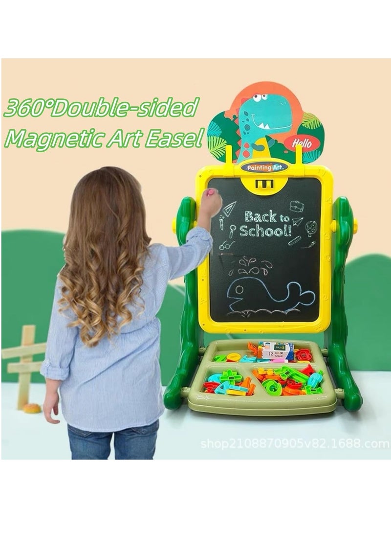 Kids Easel Standing Art Easel for Kids, Double Sided Magnetic Chalkboard Whiteboard Dry Eraser Board with Drawing & Writing Accessories,Great Gift for Girls and Boys (Dinosaur)