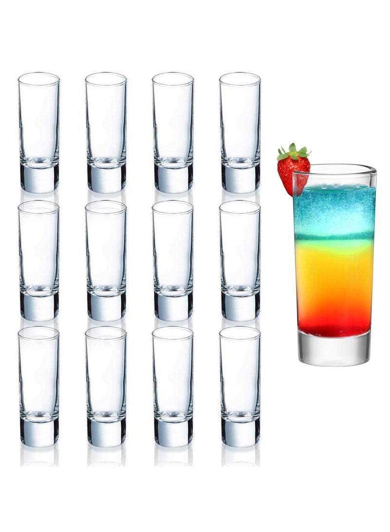 Set of 12 Clear Tall Shot Glasses - 2oz/60ml Heavy Base Round Rock Glasses - Reusable Party Glassware for Tasting Spirits, Cocktails, Espressos, and More