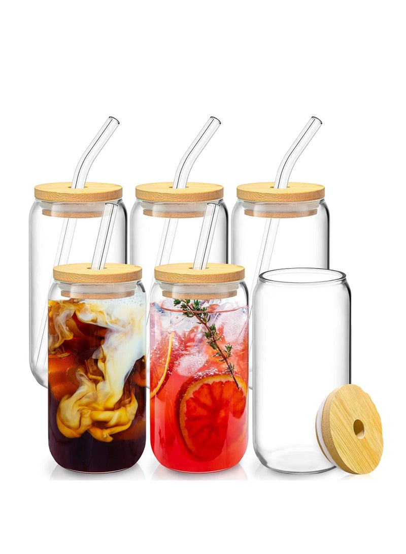 6 pcs Set  Glass Cups with Bamboo Lids and Glass Straw Can Shaped Drinking Glasses 16 oz Iced Coffee Glasses Tumbler Cup for Smoothie Boba Tea Water