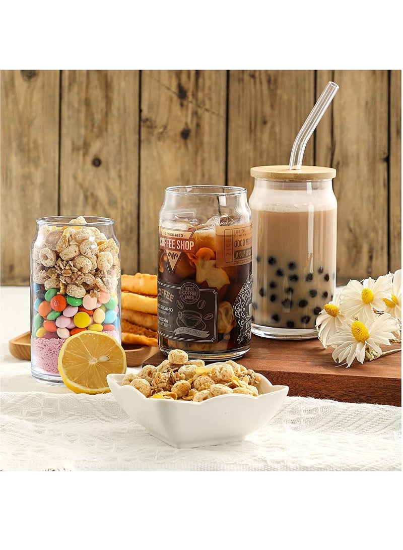 6 pcs Set  Glass Cups with Bamboo Lids and Glass Straw Can Shaped Drinking Glasses 16 oz Iced Coffee Glasses Tumbler Cup for Smoothie Boba Tea Water