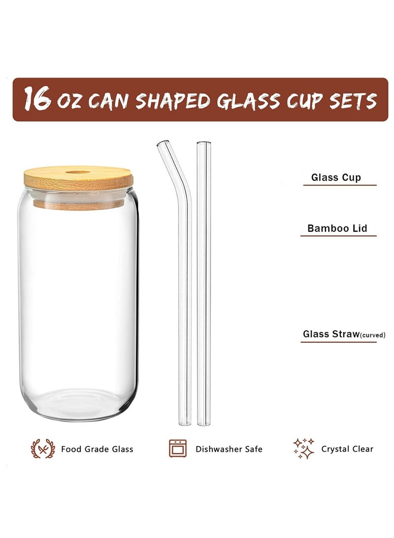 6 pcs Set  Glass Cups with Bamboo Lids and Glass Straw Can Shaped Drinking Glasses 16 oz Iced Coffee Glasses Tumbler Cup for Smoothie Boba Tea Water