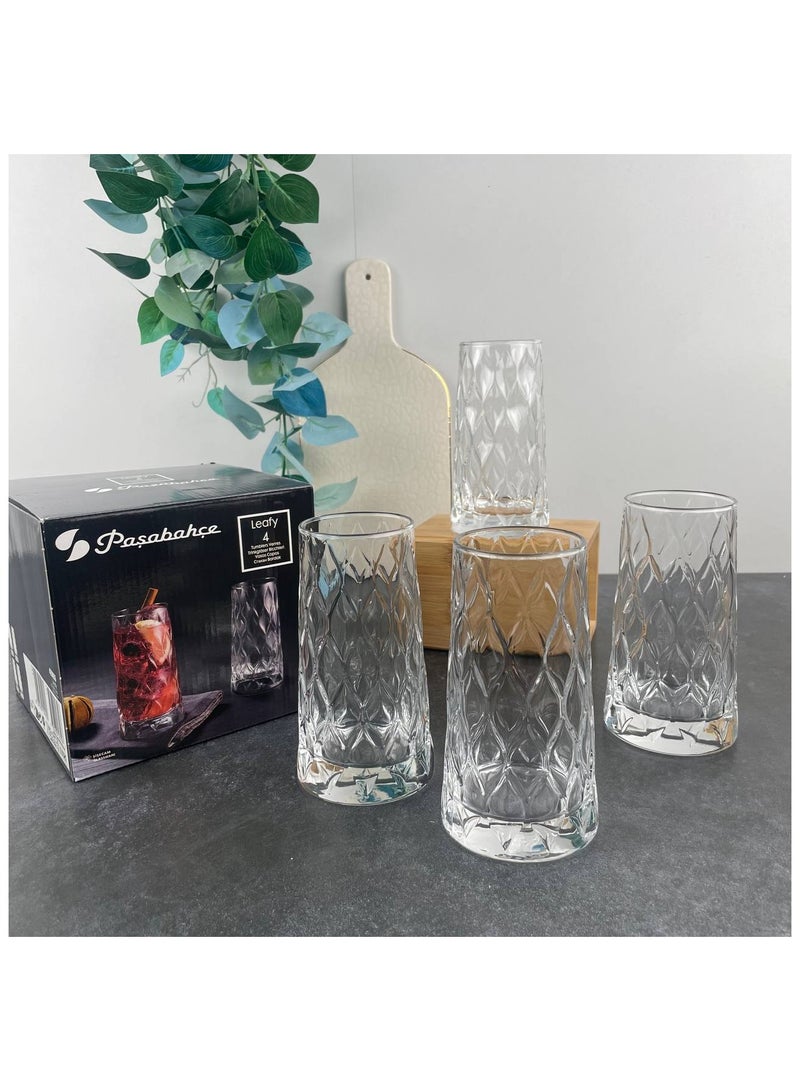 4 Pieces Leafy Long Drink Glass Set 450 Ml Clear