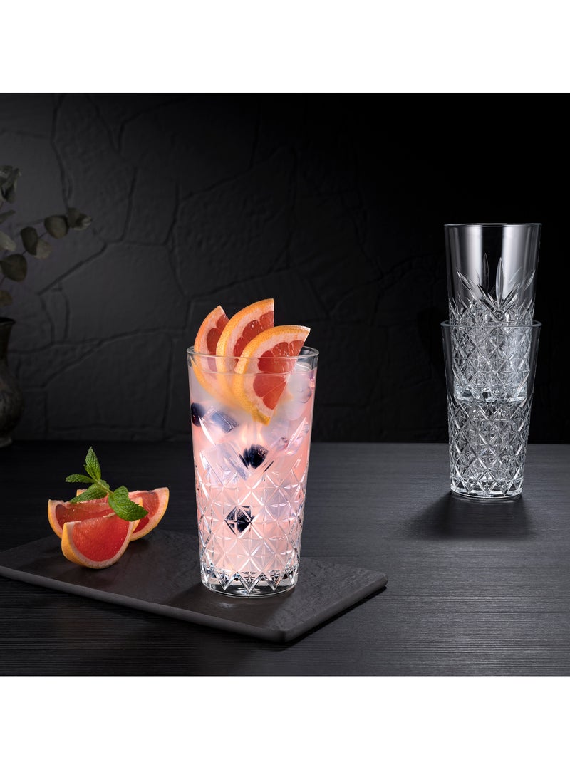 4 Pieces Timeless Long Drink Tumbler, 470 Ml, 159 Mm Height, 85.5 Mm Diameter, Fully Tempered, Stackable Clear