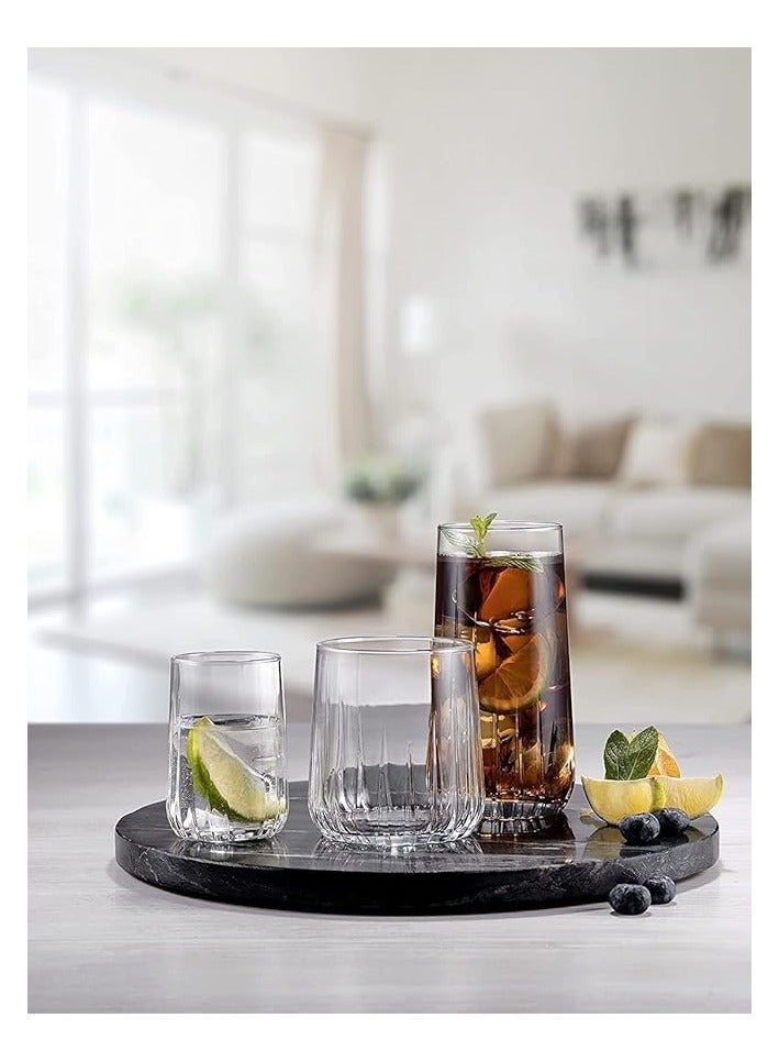 18 Pieces Nova Tumbler Set 6 Pieces Long Drink Glass 360 Ml, 6 Pieces Whisky Glass 315 Ml, 6 Pieces Liqueur Glass 135 Ml Clear