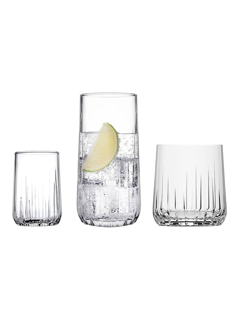 18 Pieces Nova Tumbler Set 6 Pieces Long Drink Glass 360 Ml, 6 Pieces Whisky Glass 315 Ml, 6 Pieces Liqueur Glass 135 Ml Clear