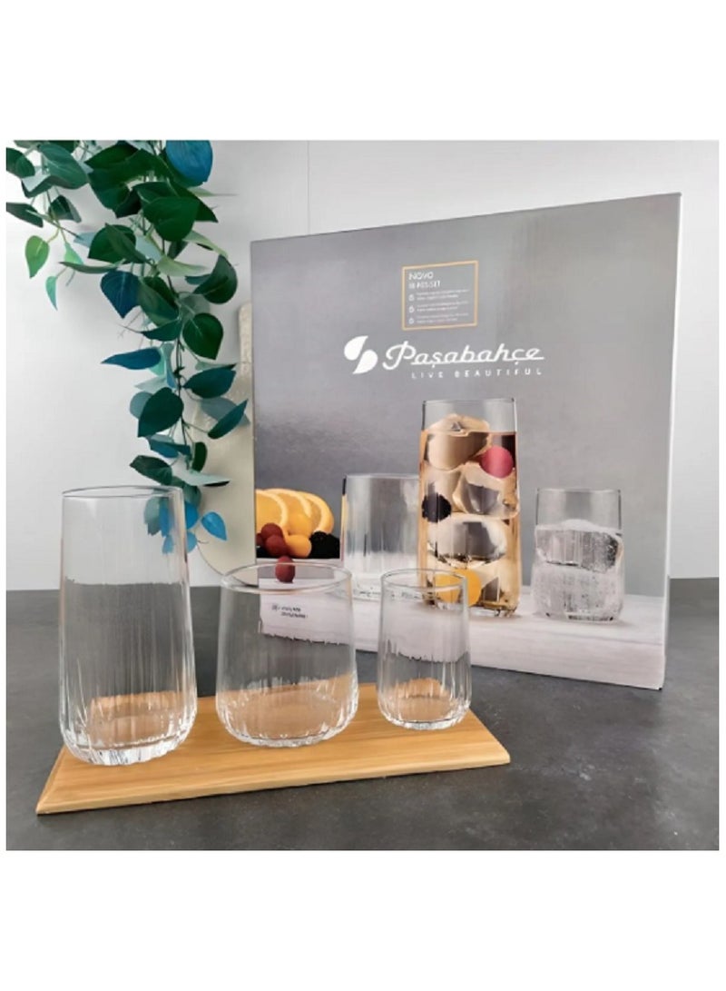 18 Pieces Nova Tumbler Set 6 Pieces Long Drink Glass 360 Ml, 6 Pieces Whisky Glass 315 Ml, 6 Pieces Liqueur Glass 135 Ml Clear