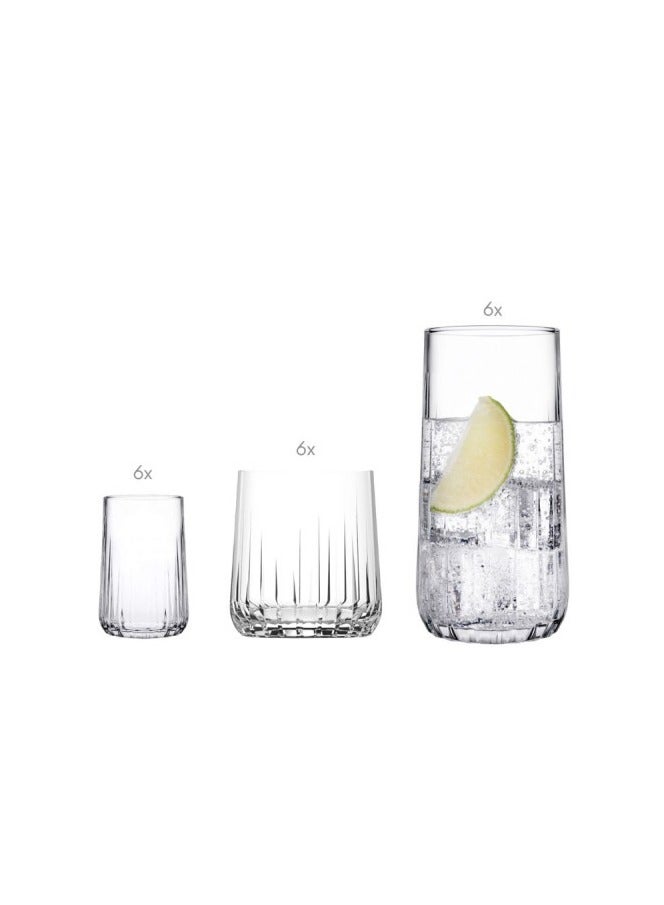 18 Pieces Nova Tumbler Set 6 Pieces Long Drink Glass 360 Ml, 6 Pieces Whisky Glass 315 Ml, 6 Pieces Liqueur Glass 135 Ml Clear