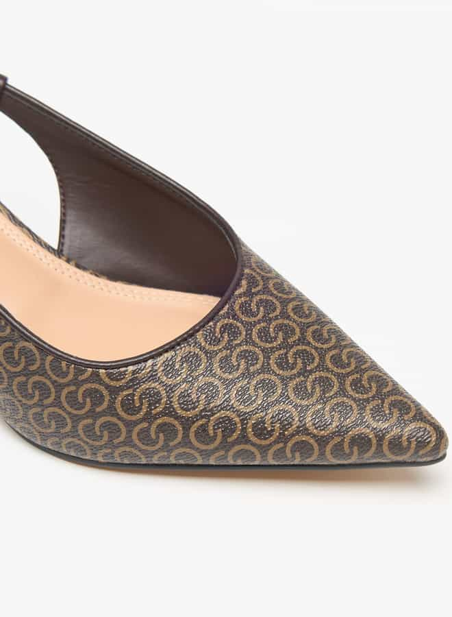 Women's Monogram Print Slingback Shoes with Kitten Heels