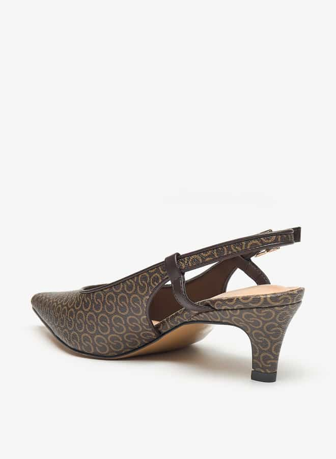 Women's Monogram Print Slingback Shoes with Kitten Heels