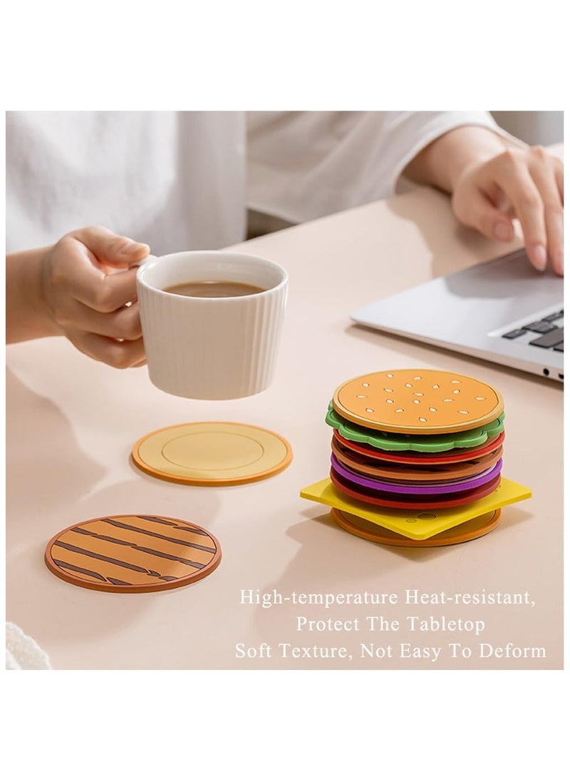 Hamburger Coasters Set of 8, Drink Coasters Set, Thickened PVC Table Coasters for Home Kitchen Decor, Waterproof Oilproof Cup Mat Cup Coasters for Table Protection, Suitable for Various Cups