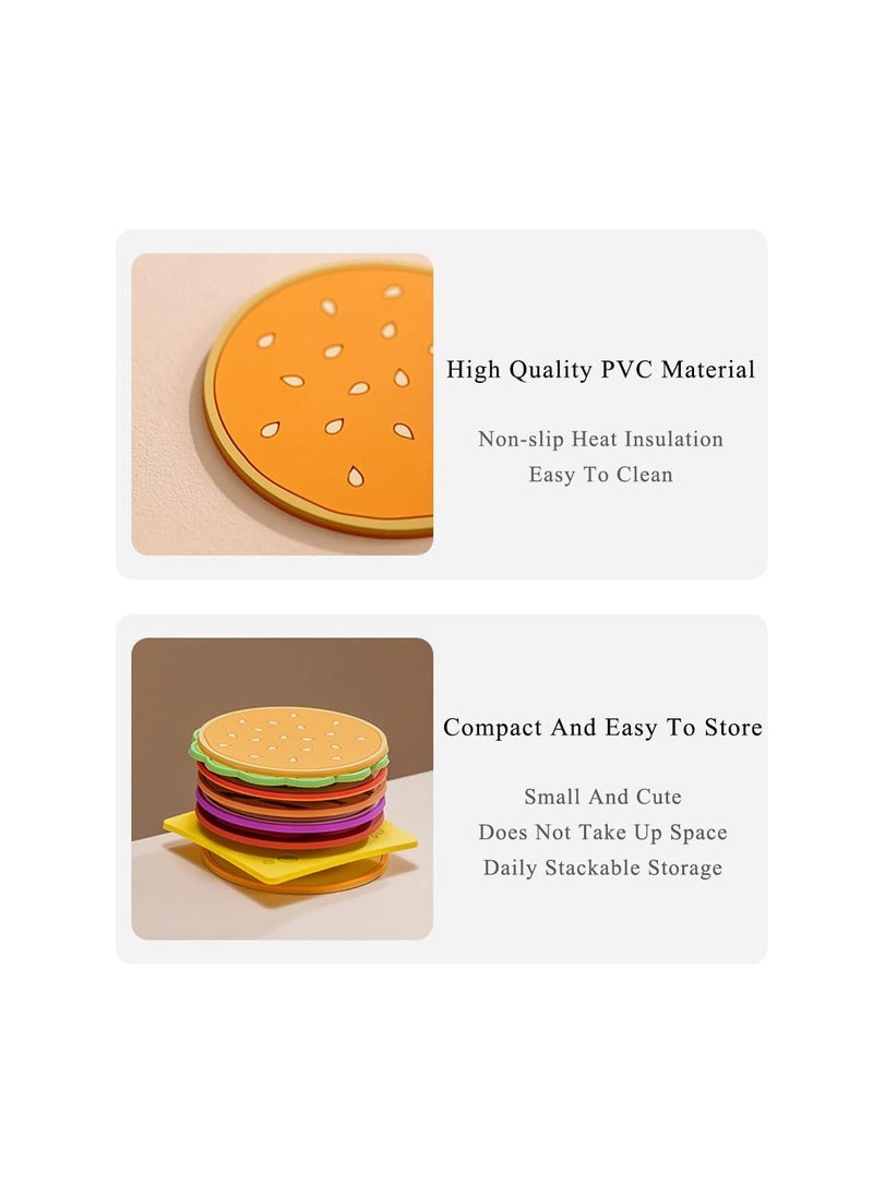 Hamburger Coasters Set of 8, Drink Coasters Set, Thickened PVC Table Coasters for Home Kitchen Decor, Waterproof Oilproof Cup Mat Cup Coasters for Table Protection, Suitable for Various Cups