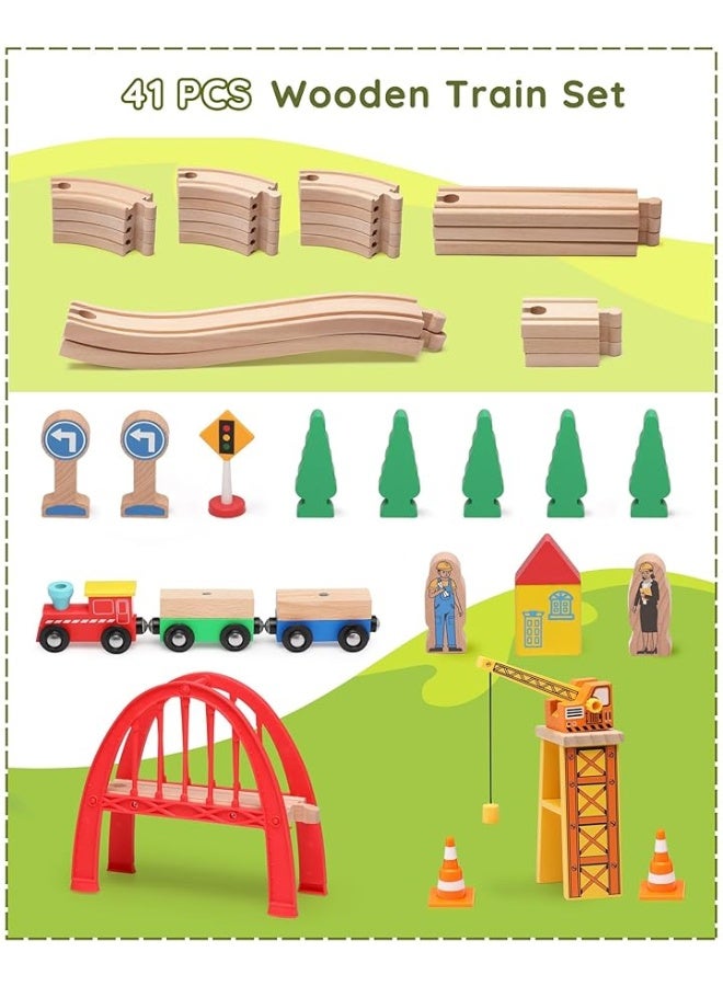 SainSmart Jr. 41 Pcs Deluxe Wooden Train Set for Toddler, Wood Train Track w/Crane Fits Brio Thomas, Melissa and Doug for Kids Ages 3+