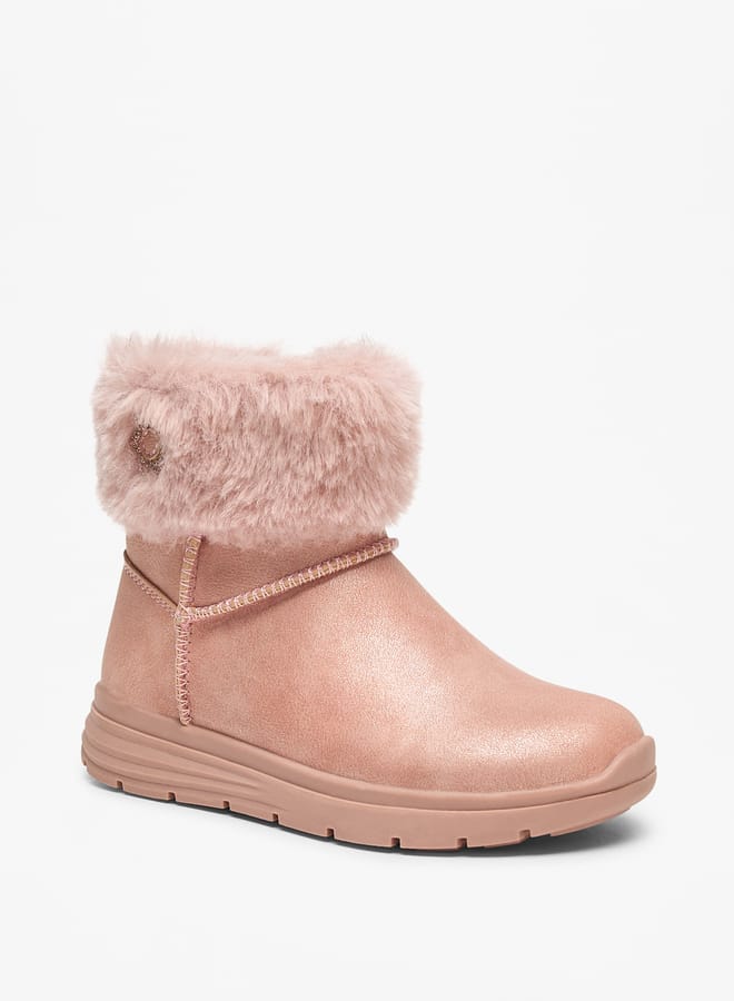 Girls Faux Fur Textured Low Ankle Boots with Zip Closure