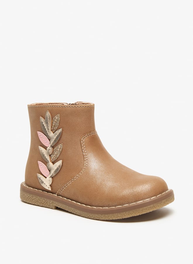 Girls Leaf Applique Ankle Boots with Zip Closure