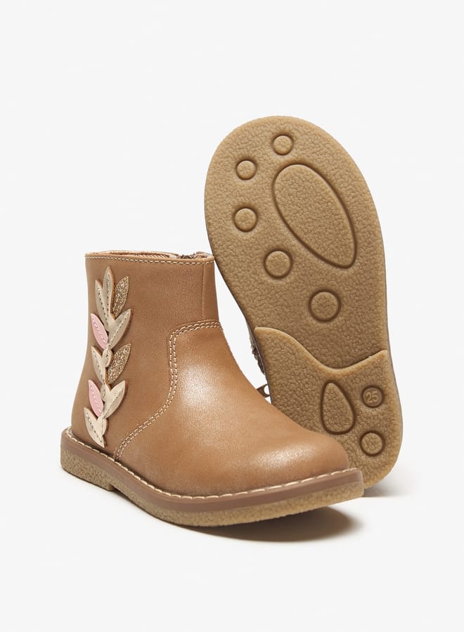 Girls Leaf Applique Ankle Boots with Zip Closure