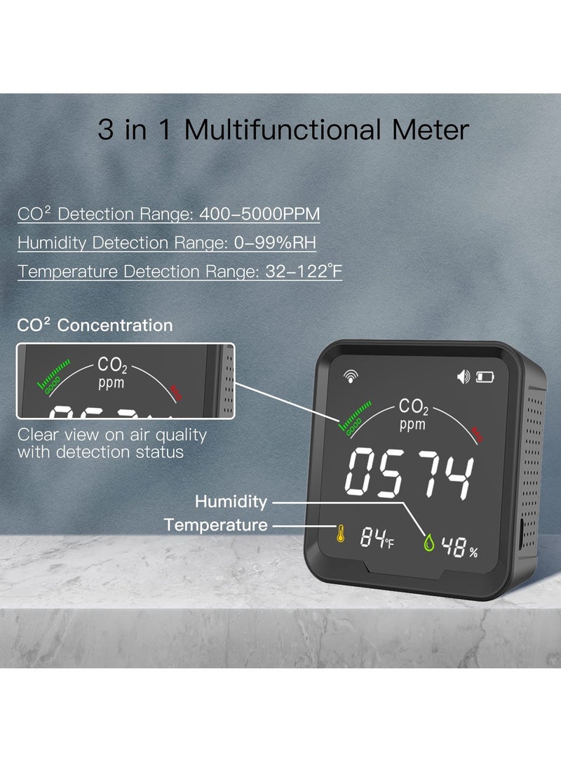 CO2 Detector, CO2 Detector Air Monitor, Smart CO2 Detector, Indoor Air Quality Monitor, Temperature Humidity Air Tester for CO2 Alarm, Smart Life Tuya APP Digital CO2 Meter (Black)