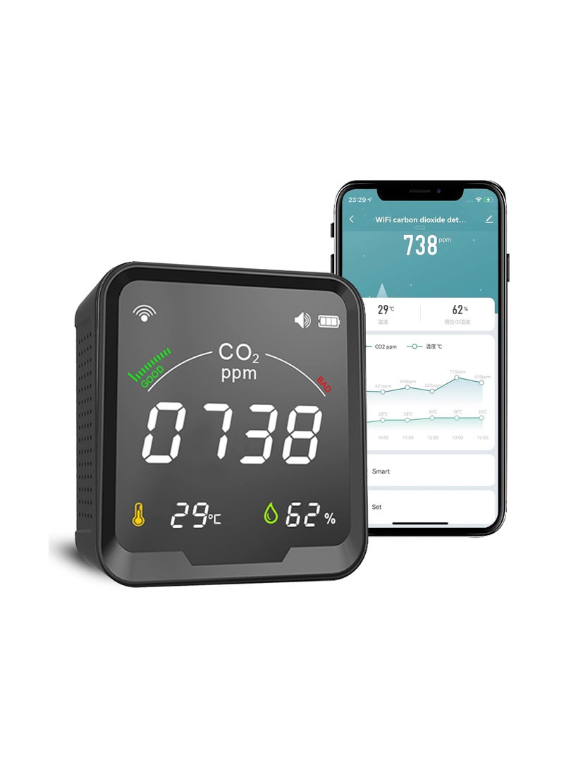 CO2 Detector, CO2 Detector Air Monitor, Smart CO2 Detector, Indoor Air Quality Monitor, Temperature Humidity Air Tester for CO2 Alarm, Smart Life Tuya APP Digital CO2 Meter (Black)