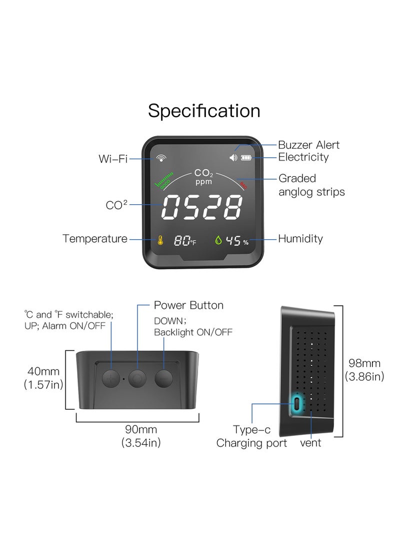 CO2 Detector, CO2 Detector Air Monitor, Smart CO2 Detector, Indoor Air Quality Monitor, Temperature Humidity Air Tester for CO2 Alarm, Smart Life Tuya APP Digital CO2 Meter (Black)