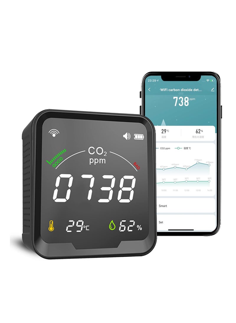 CO2 Detector, CO2 Detector Air Monitor, Smart CO2 Detector, Indoor Air Quality Monitor, Temperature Humidity Air Tester for CO2 Alarm, Smart Life Tuya APP Digital CO2 Meter (Black)