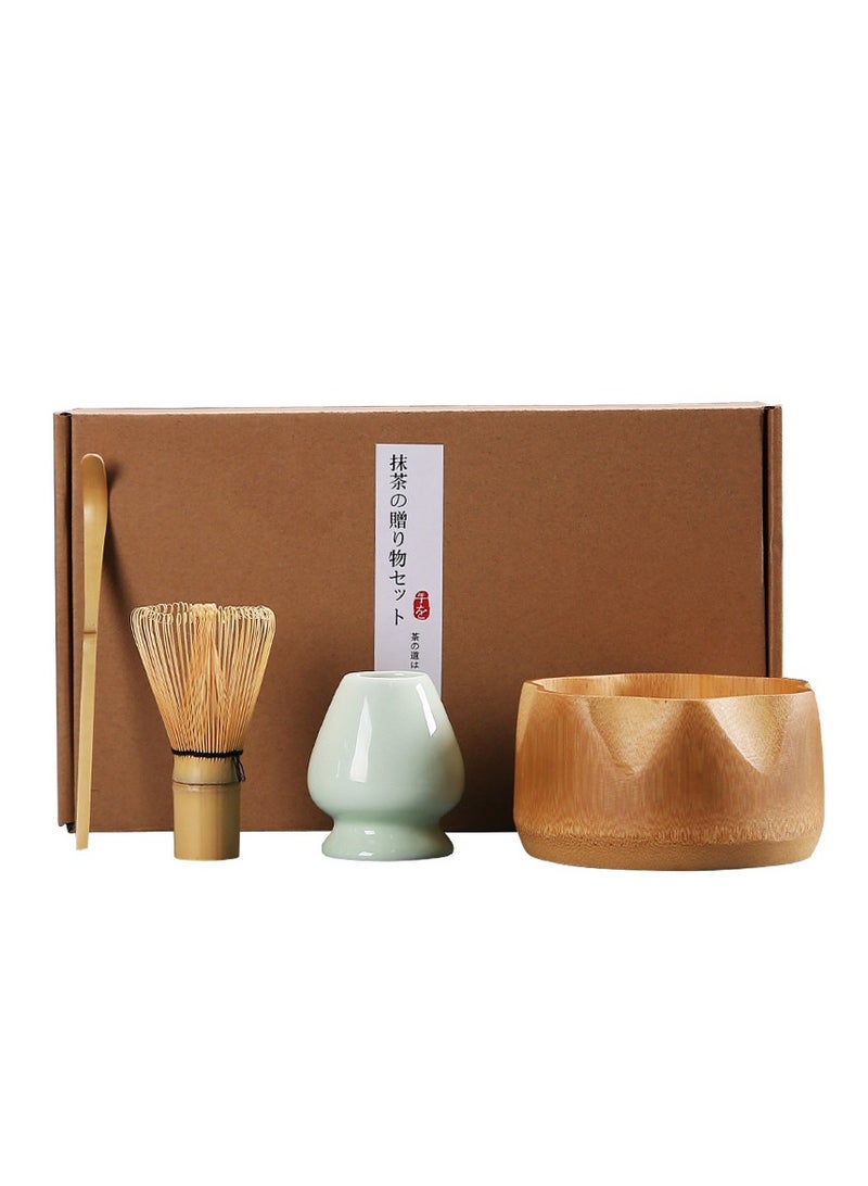 4 Piece Matcha Set, Traditional Tea Service with Bamboo Bowl, Scoop, Prong Matcha Whisk and Holder