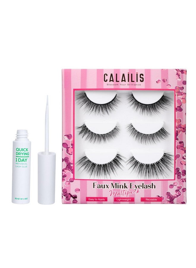 False Eyelash, Eye Makeup Lash 3D Faux Mink Fake Eyelash Long Natural Eyelashes 3 Pairs With 5G False Eyelash Glue (Cs25)