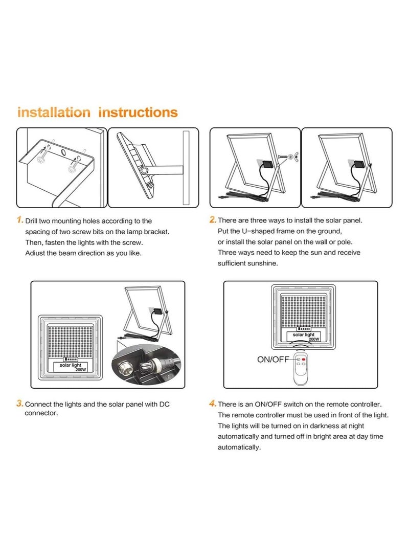 200W Solar Flood Light Outdoor Dusk to Dawn with Remote Control, Solar Street Lamp with Motion Sensor Built in for Garden, Paths, Warehouse, Playground, Stadium