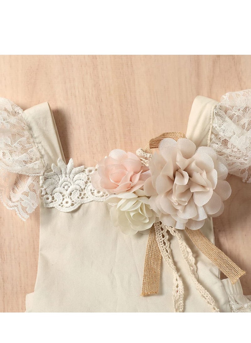 Baby Girl Lace Romper First Birthday Cake Smash Outfit, Toddler One-Piece Bodysuit with Flower Headband, Ruffle Boho Princess Tulle Dress, Half 1st 2nd Birthday Photoshoot Clothes, 0-24 Months (70CM)