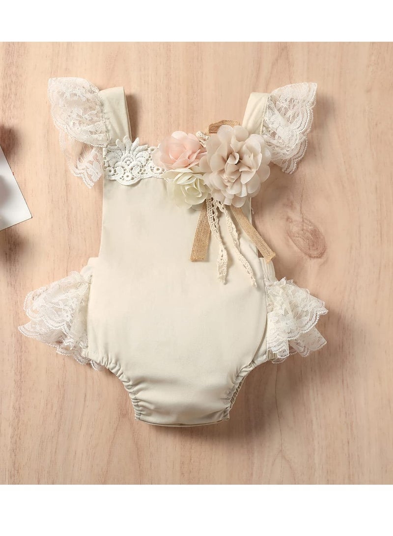Baby Girl Lace Romper First Birthday Cake Smash Outfit, Toddler One-Piece Bodysuit with Flower Headband, Ruffle Boho Princess Tulle Dress, Half 1st 2nd Birthday Photoshoot Clothes, 0-24 Months (70CM)