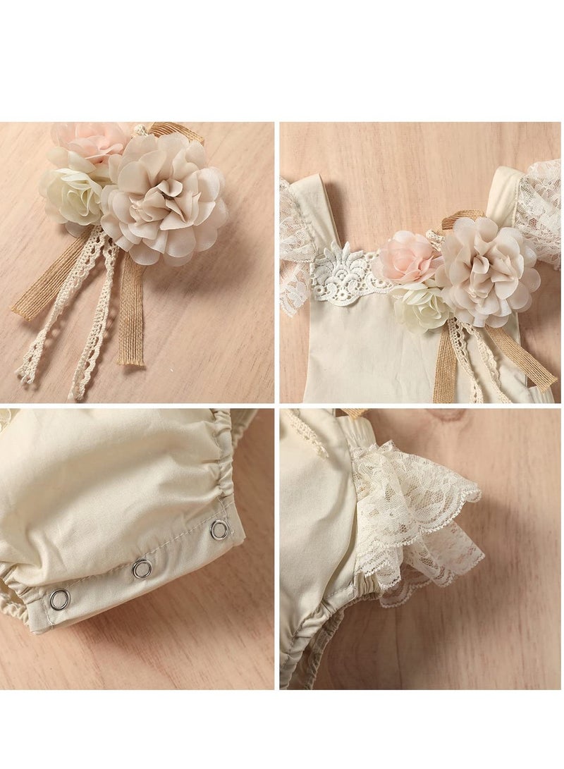 Baby Girl Lace Romper First Birthday Cake Smash Outfit, Toddler One-Piece Bodysuit with Flower Headband, Ruffle Boho Princess Tulle Dress, Half 1st 2nd Birthday Photoshoot Clothes, 0-24 Months (70CM)