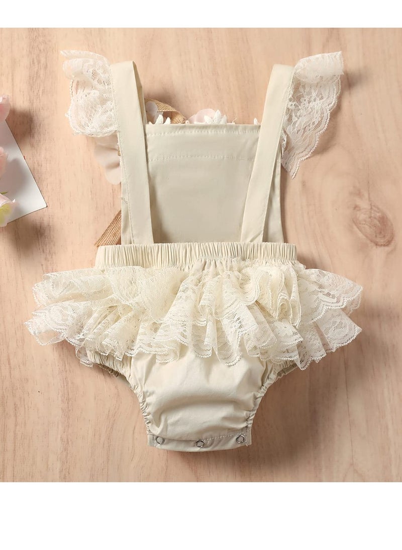 Baby Girl Lace Romper First Birthday Cake Smash Outfit, Toddler One-Piece Bodysuit with Flower Headband, Ruffle Boho Princess Tulle Dress, Half 1st 2nd Birthday Photoshoot Clothes, 0-24 Months (70CM)