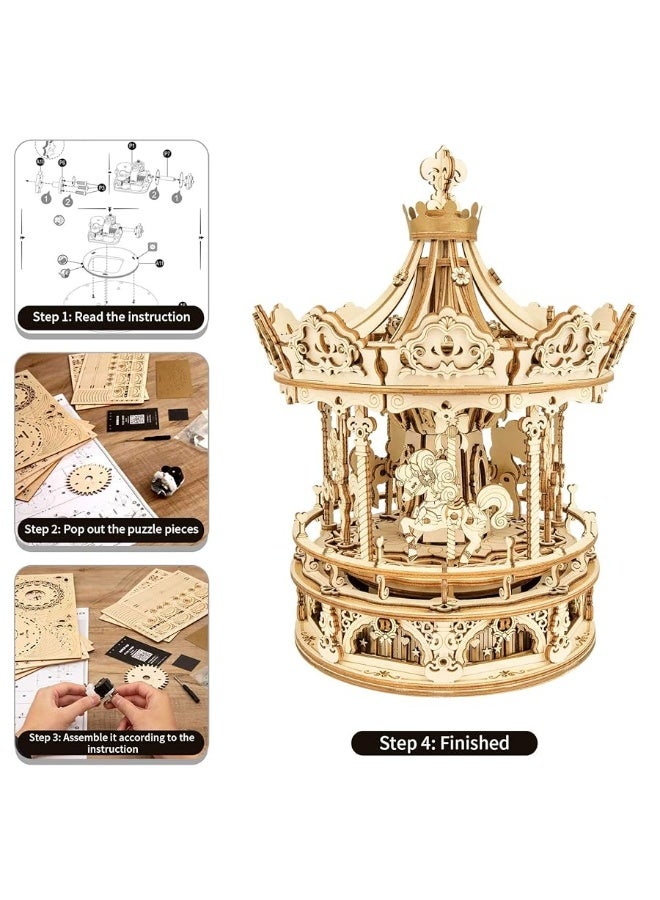 Rowood Music Box 3D Puzzles for Adults, Mechanical DIY Wooden Toys, Gifts on Birthday/Valentine's Day/Christmas - Romantic Carousel