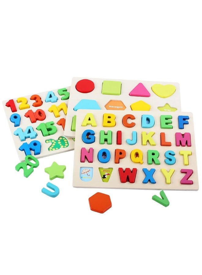 QZMTOY Wooden Puzzles for Toddlers, Wooden Alphabet Number Shape Puzzles Toddler Learning Puzzle Toys for Kids, 3 in 1 Puzzle for Toddlers, Age 3+ (Set of 3)