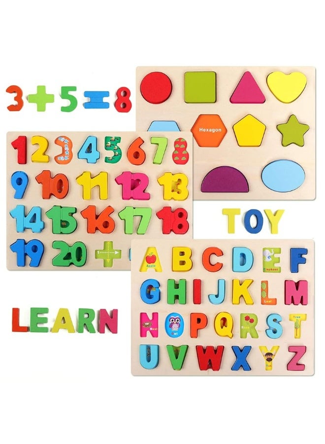 QZMTOY Wooden Puzzles for Toddlers, Wooden Alphabet Number Shape Puzzles Toddler Learning Puzzle Toys for Kids, 3 in 1 Puzzle for Toddlers, Age 3+ (Set of 3)