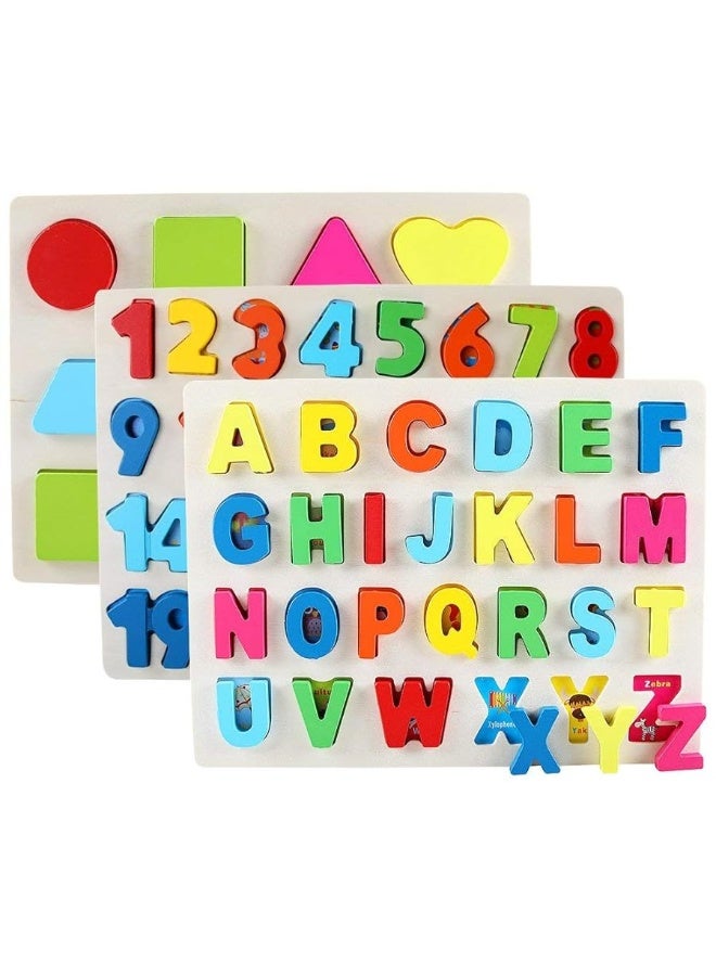 QZMTOY Wooden Puzzles for Toddlers, Wooden Alphabet Number Shape Puzzles Toddler Learning Puzzle Toys for Kids, 3 in 1 Puzzle for Toddlers, Age 3+ (Set of 3)