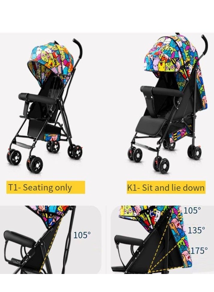 Baby Stroller, Folding Compact Travel Stroller, Small Children's Stroller with Adjustable Backrest, Footrest, Storage Basket and Extra-Large Canopy Cup Holder Black Big