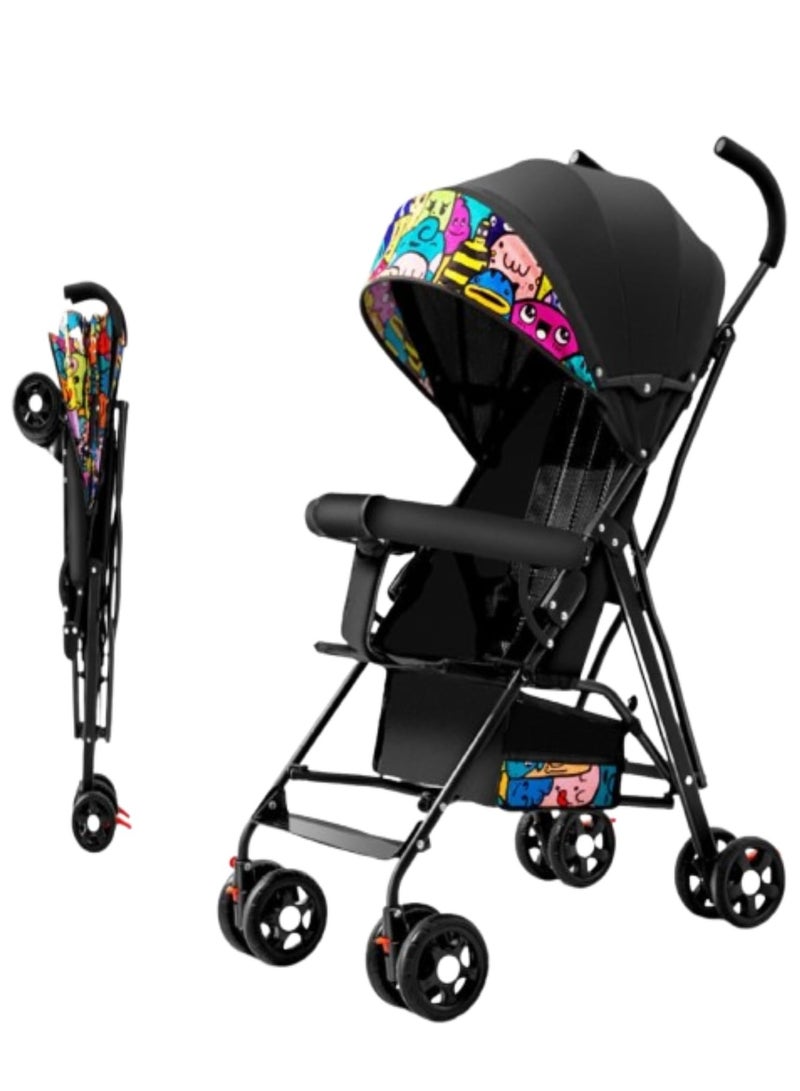 Baby Stroller, Folding Compact Travel Stroller, Small Children's Stroller with Adjustable Backrest, Footrest, Storage Basket and Extra-Large Canopy Cup Holder Black